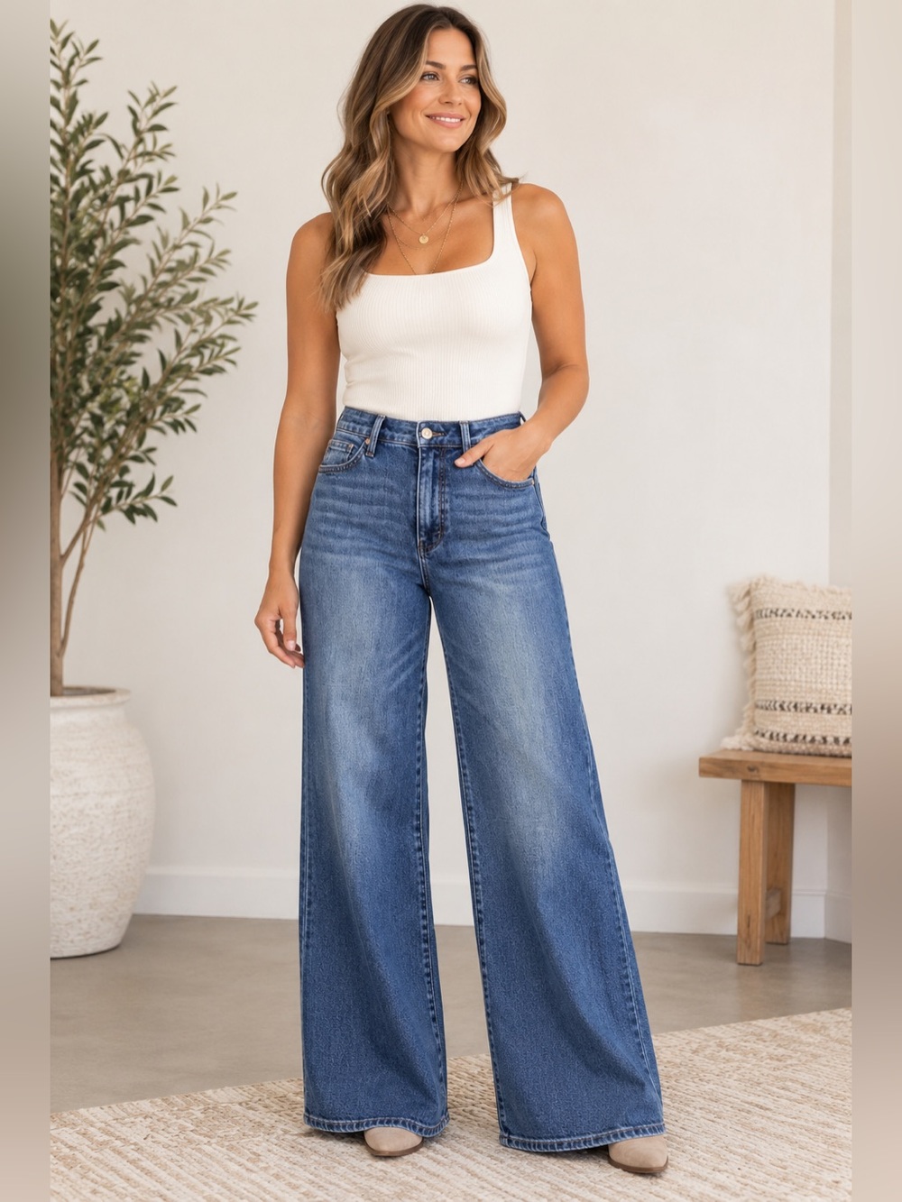 Judy Blue Wide Leg Flare Jeans in Medium Blue Wash
